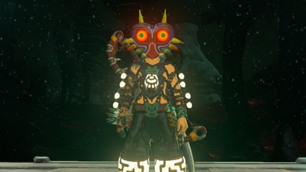 A skin de Majora's Mask nas armaduras e roupas de Zelda Tears.