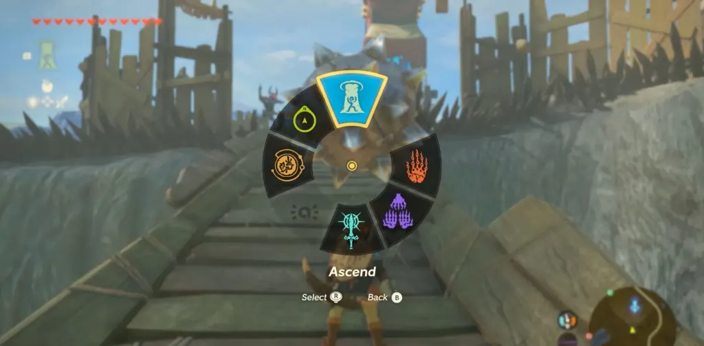 Link em Zelda tears customizando suas armas e atributos durante a gameplay.