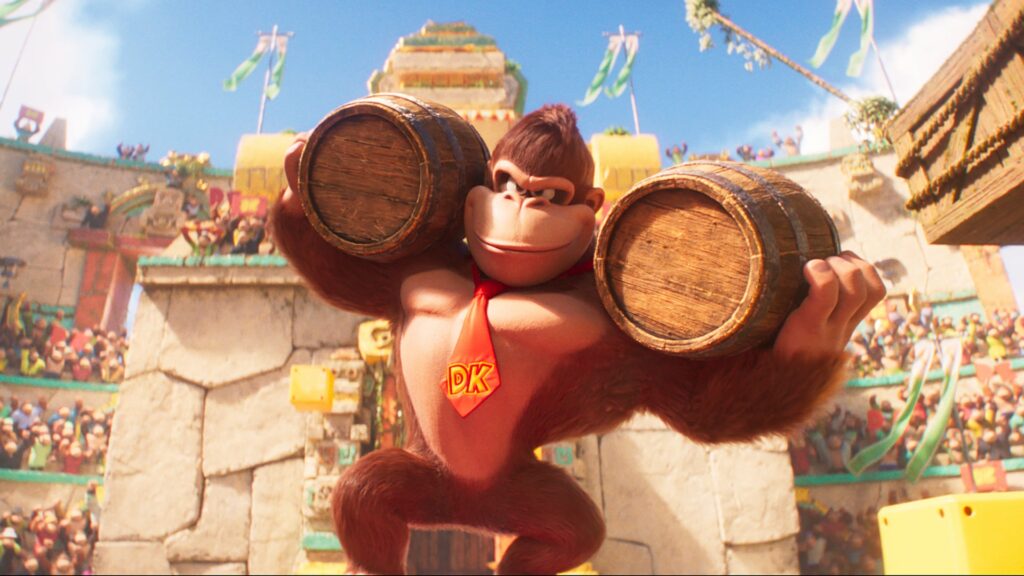 Donkey Kong com seus barris clássicos.